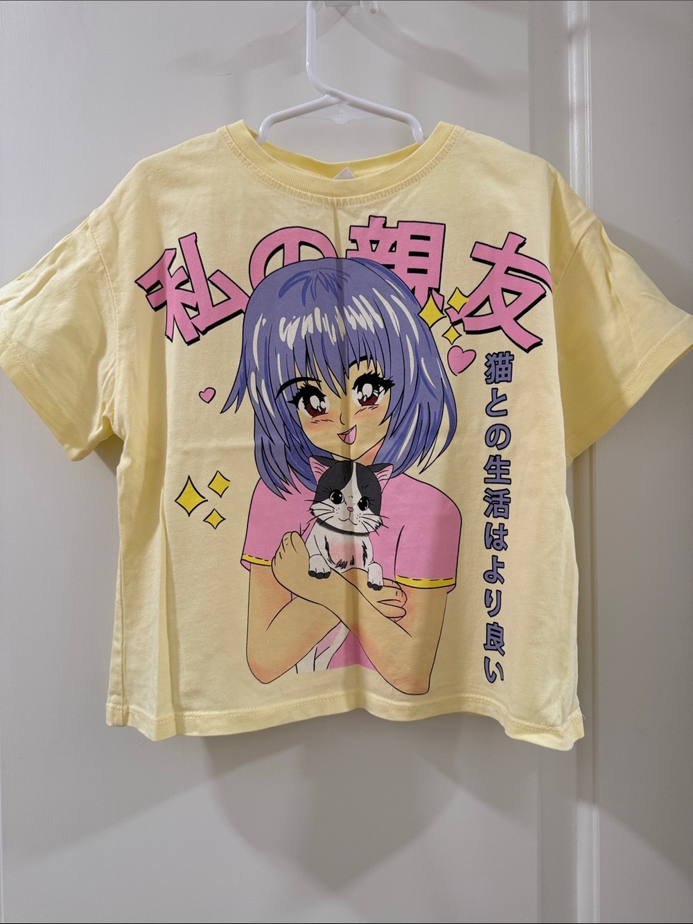 Zara Yellow Tee with Pink & Purple Anime Girl Graphic